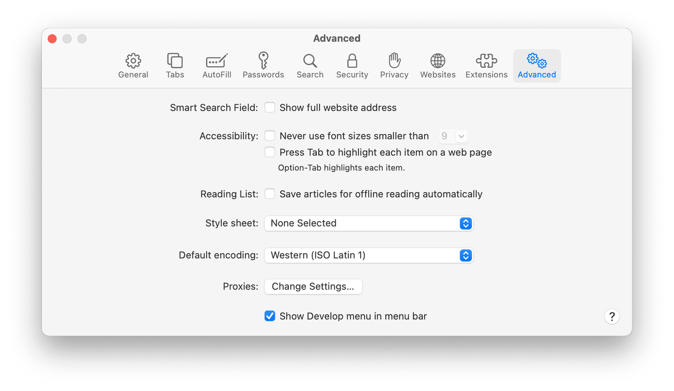 Advanced settings in Safari