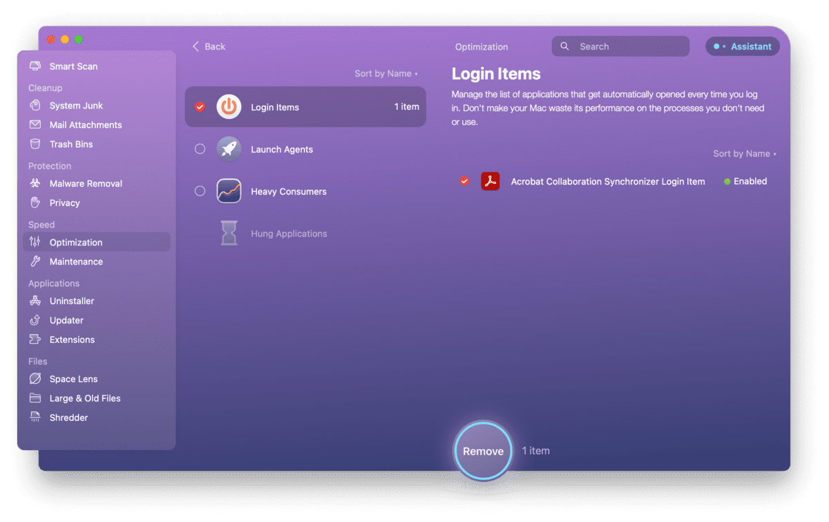 Managing Login items with CleanMyMac Optimization module