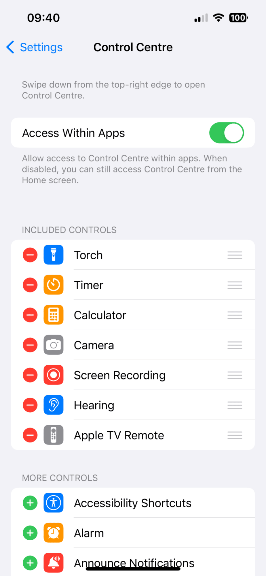 Control Centre Settings on iPhone