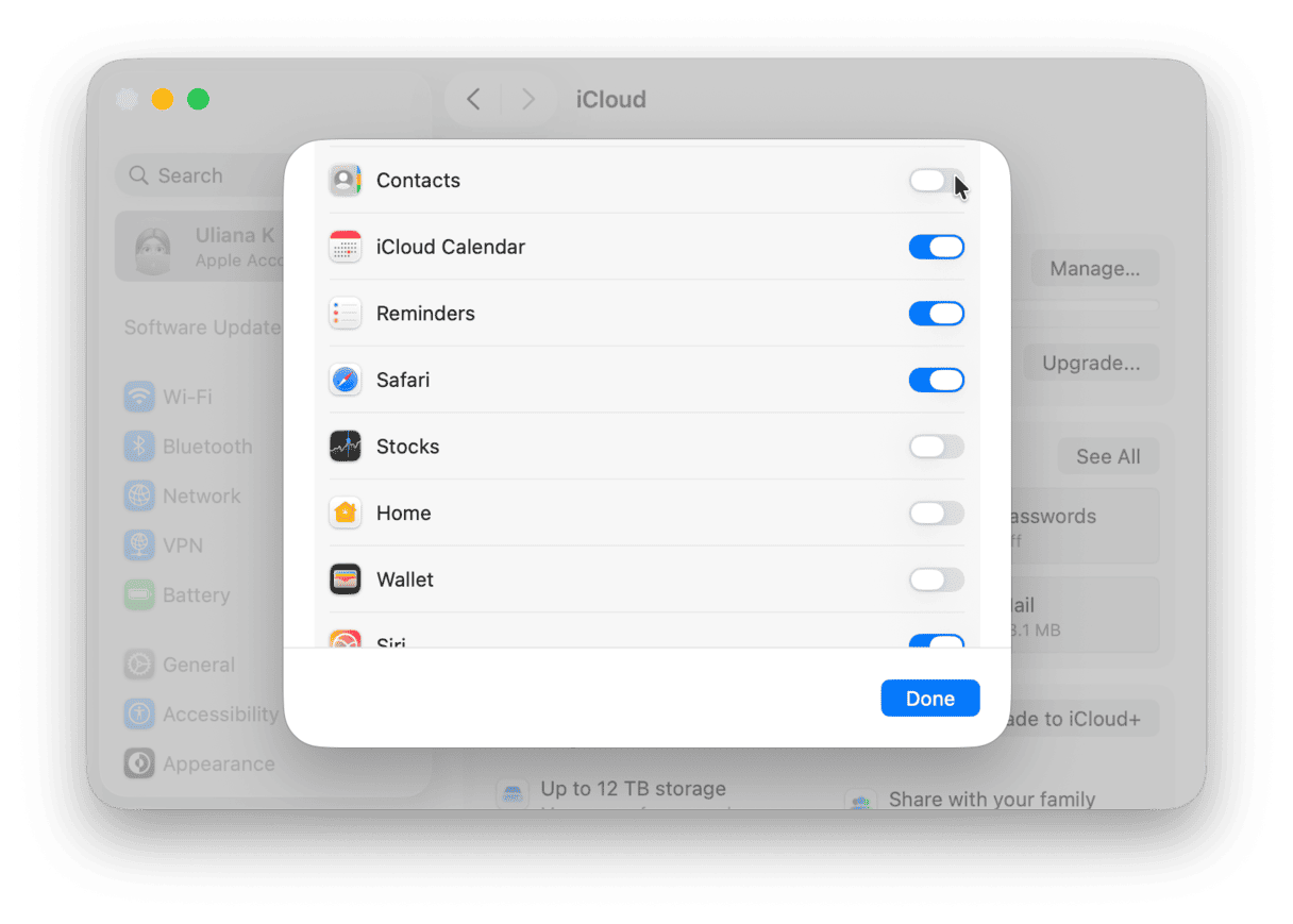 System Settings > Apple Account > iCloud > Show All > Contacts