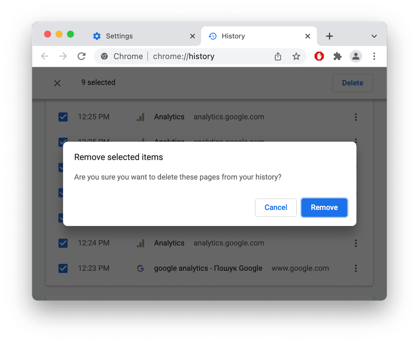 How to remove selected pages from Chrome history