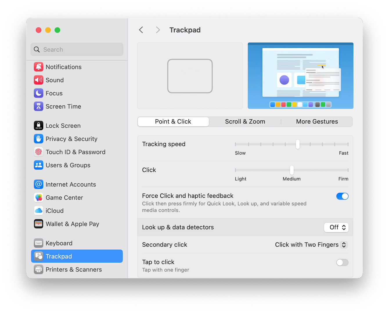 Trackpad settings on Mac