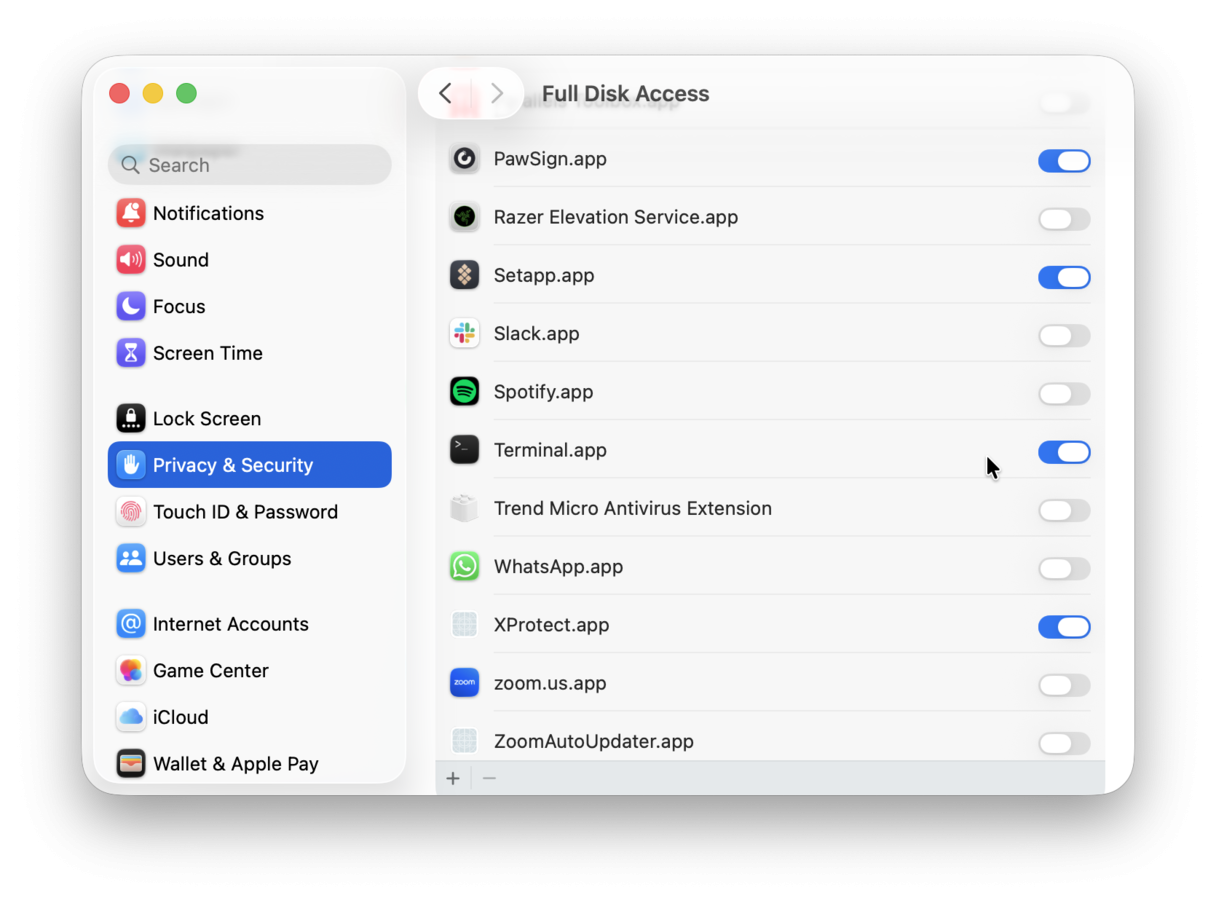 Ensure Full Disk Access is enabled