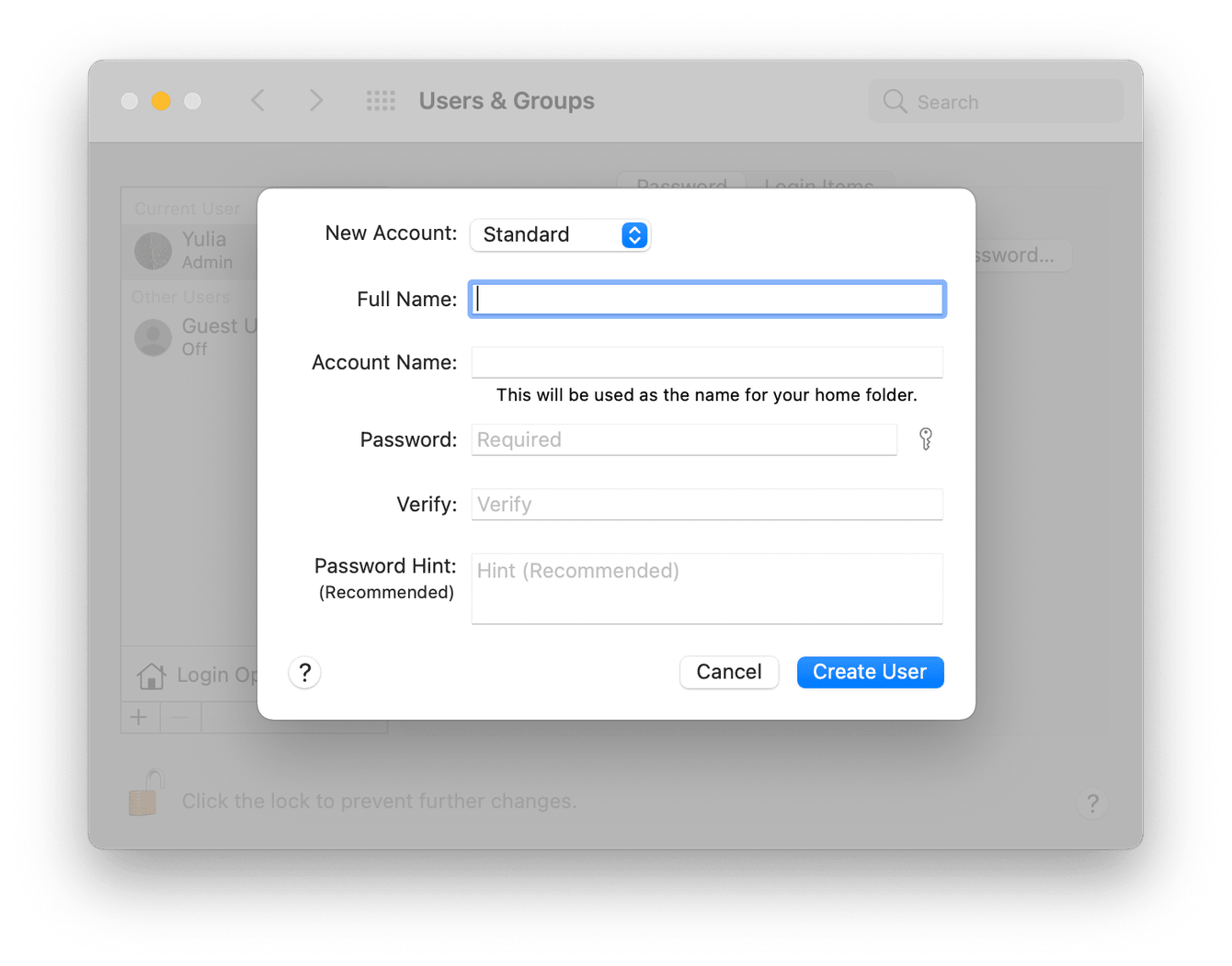 How to create a user on Mac