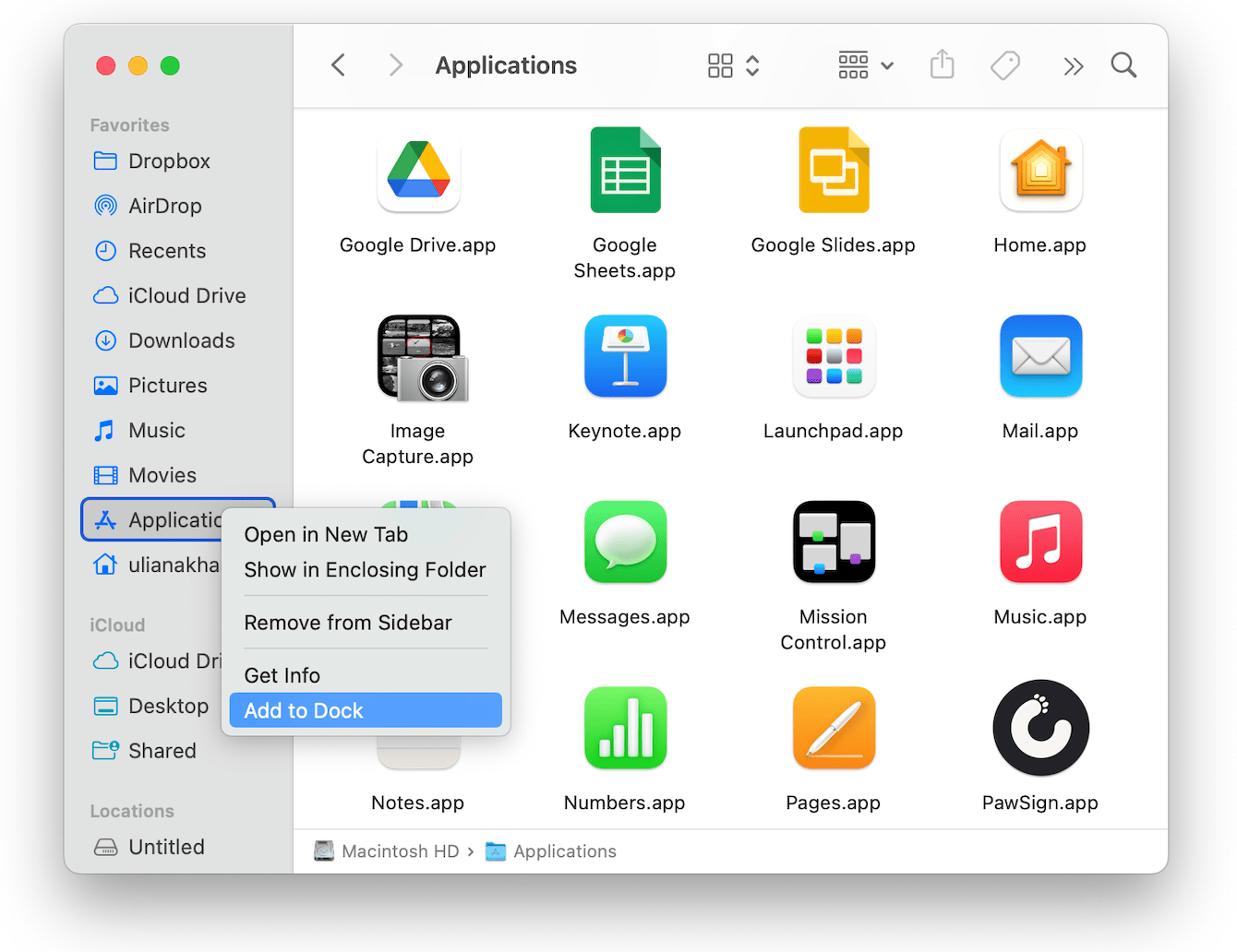 How to put Applications it in the Dock