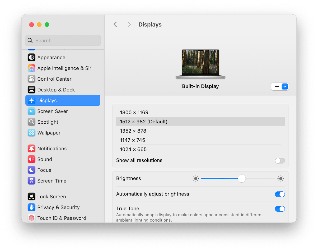 Resolution settings in Display menu