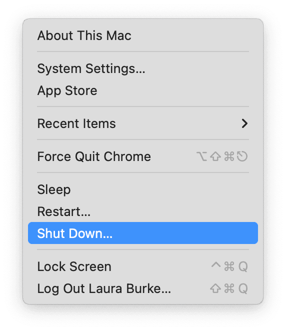 Turn off Mac from the main Apple menu and power off external display