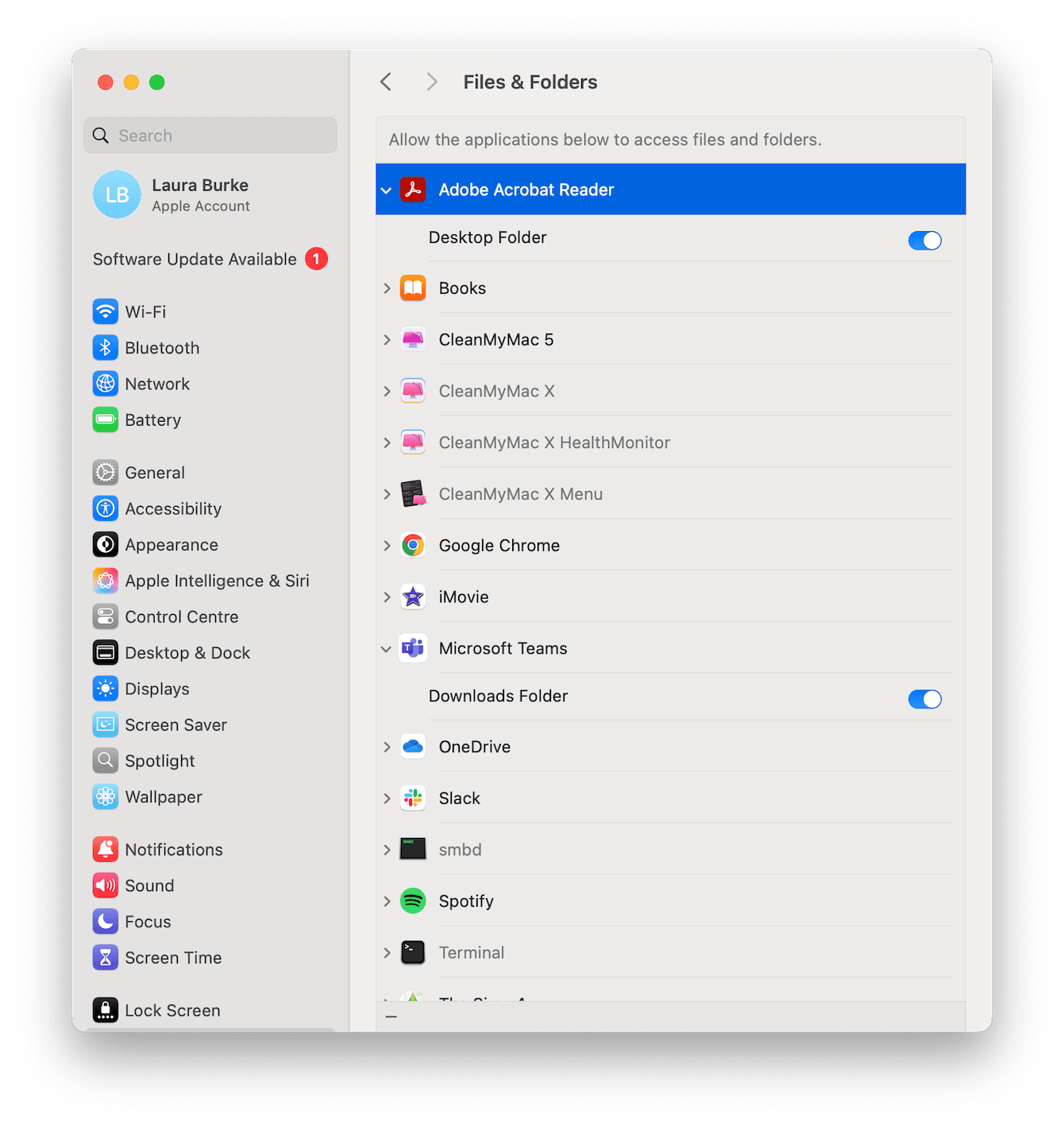 Files & Folders settings on Mac