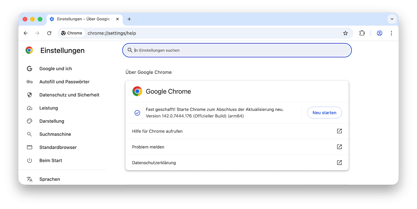 Aktualisieren Sie Chrome