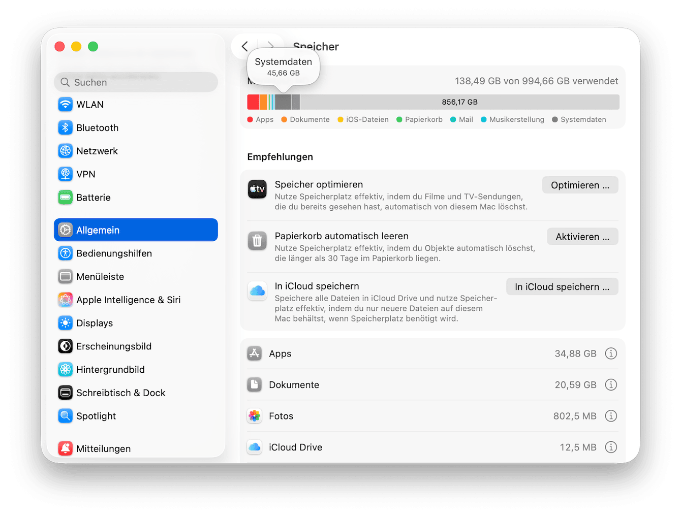 &Ouml;ffnen Sie die Systemeinstellungen&nbsp;> Allgemein >&nbsp;Speicher