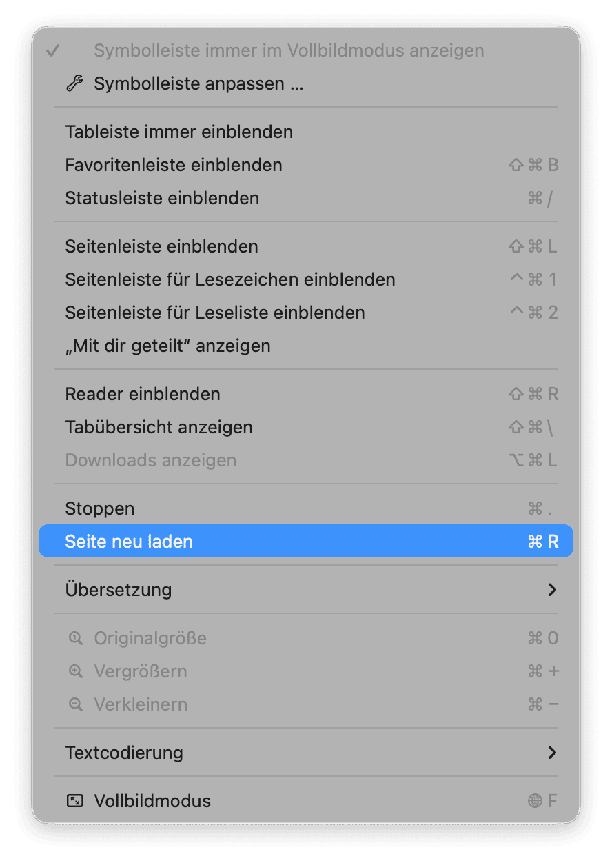 Aktualisieren Sie die Website