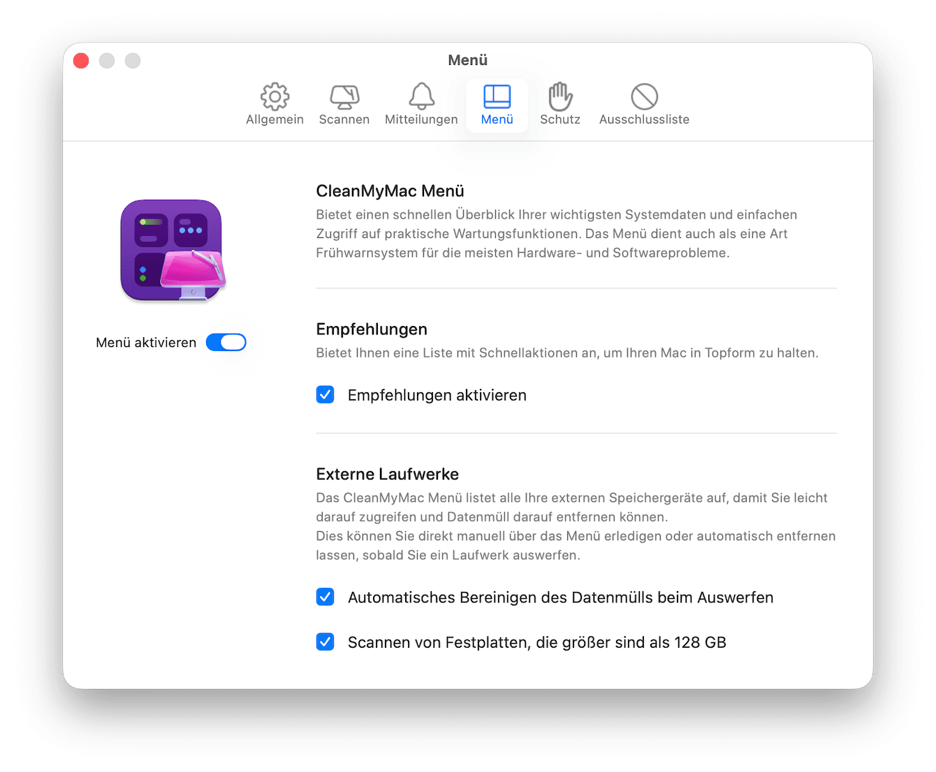 Öffnen Sie die App und wählen Sie in der oberen Menüleiste CleanMyMac > Einstellungen > Menü