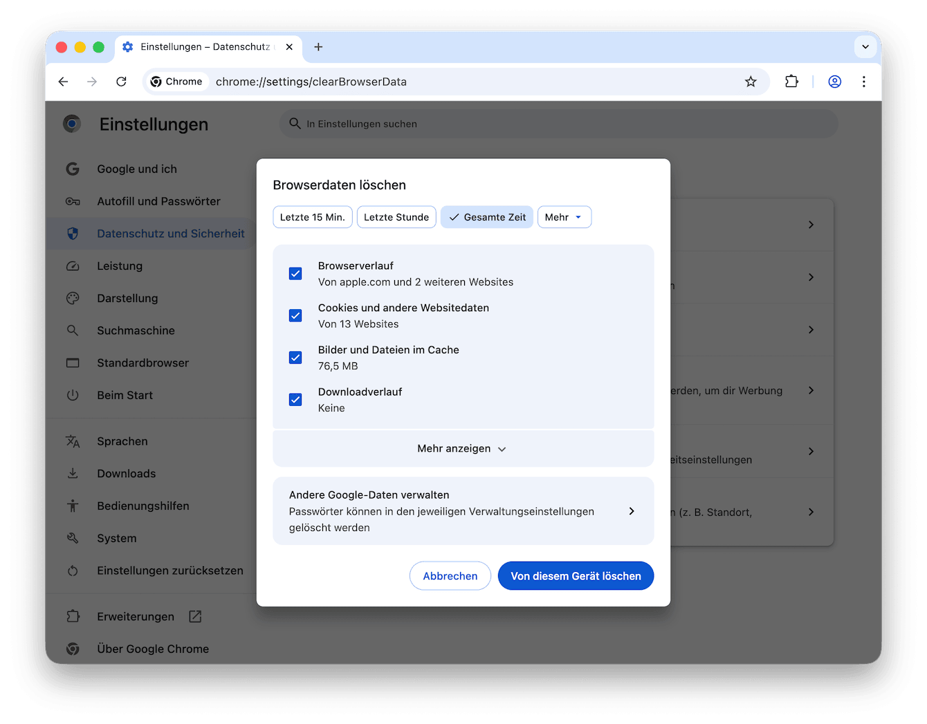 L&ouml;schen Sie Ihre Browserdaten