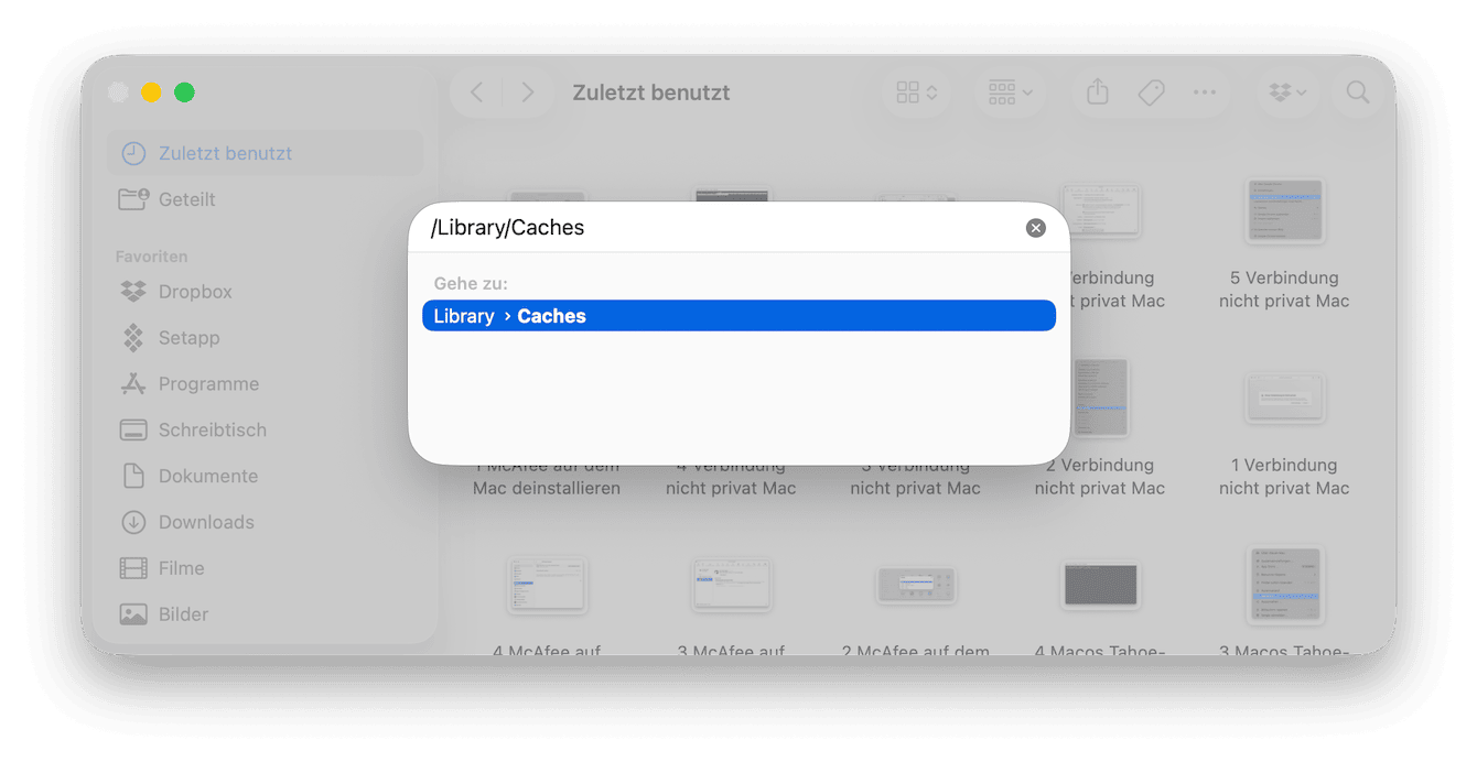 Wiederholen Sie die Aktion in /Library/Caches