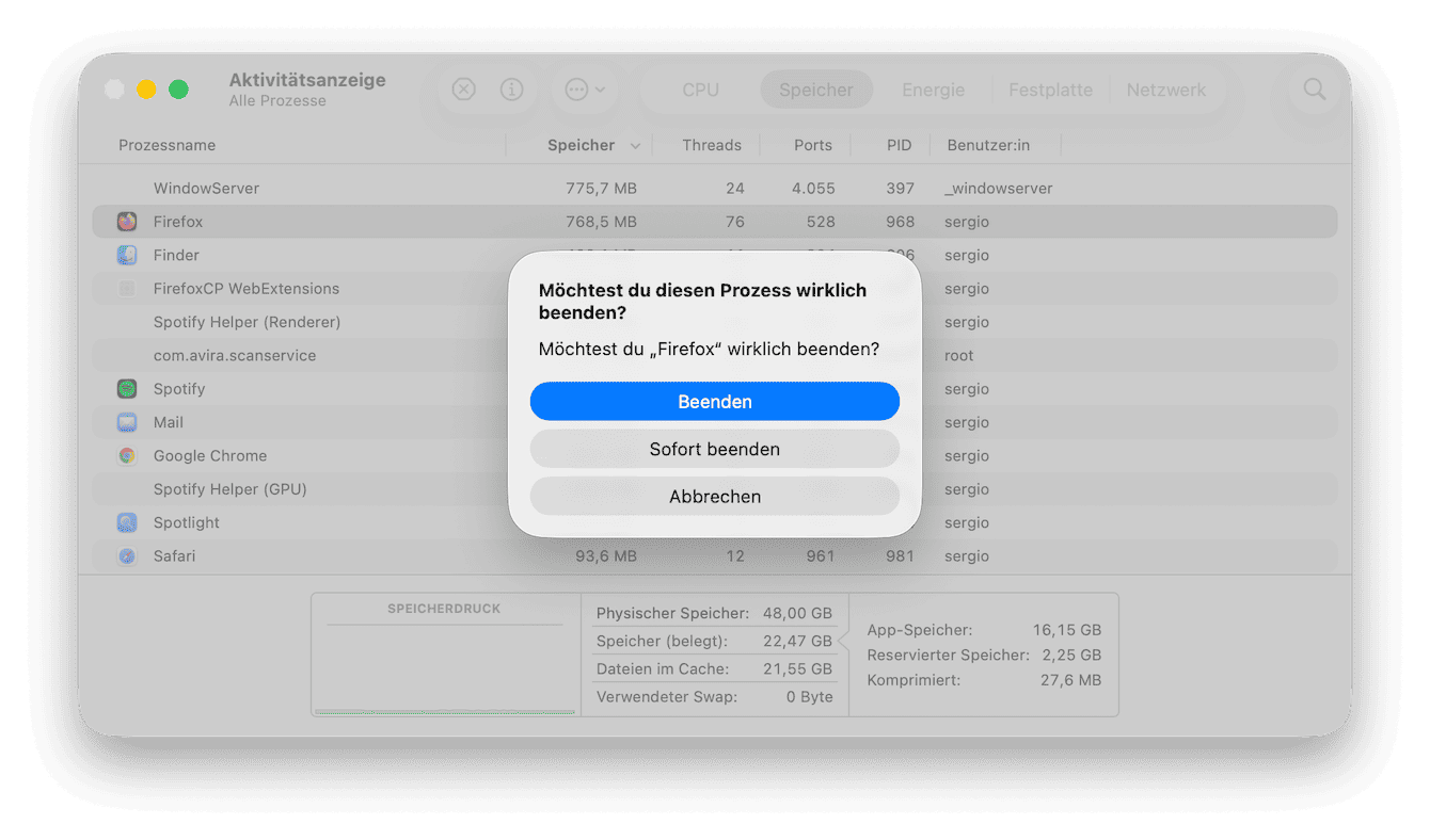&Ouml;ffnen Sie den &bdquo;Finder&ldquo; > &bdquo;Programme&ldquo; > &bdquo;Dienstprogramme&ldquo; > &bdquo;Aktivit&auml;tsanzeige&ldquo; > &bdquo;Speicher&ldquo;