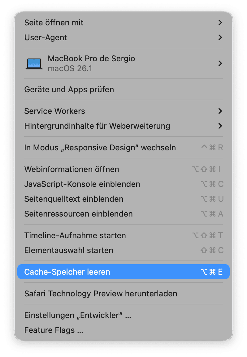 Klicken Sie anschließend auf „Cache-Speicher leeren“