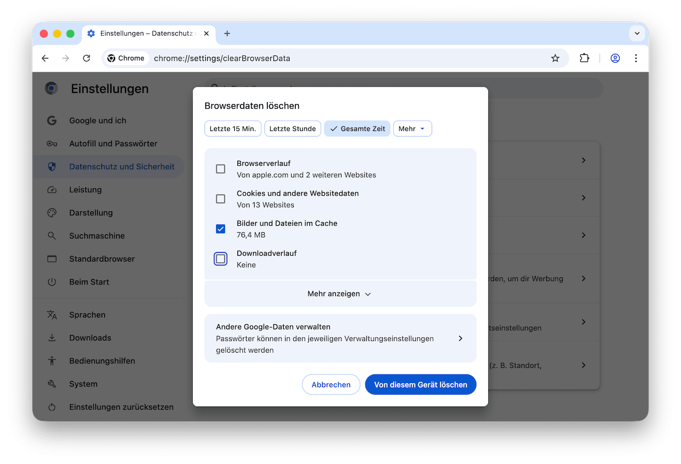 Browser-Cache in Chrome entfernen