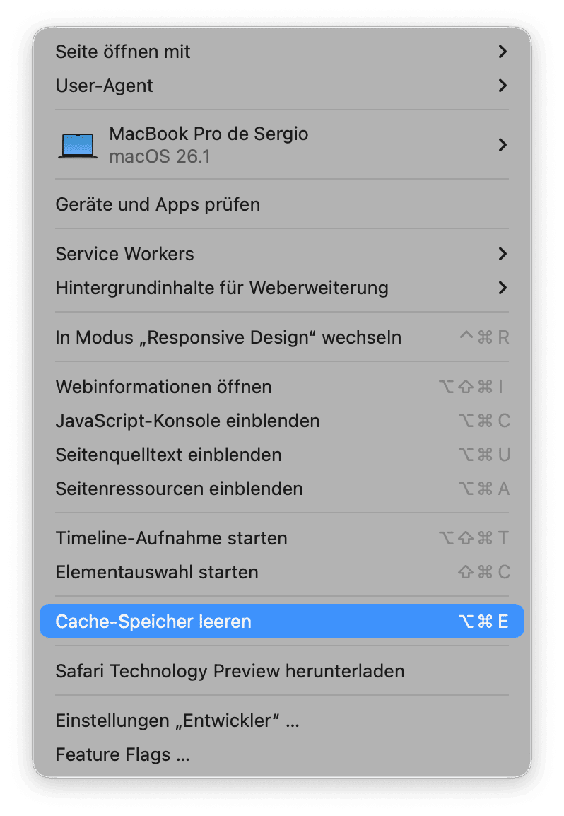 &Ouml;ffnen Sie das Men&uuml; &bdquo;Entwickler&ldquo; und w&auml;hlen Sie dann &bdquo;Caches leeren"