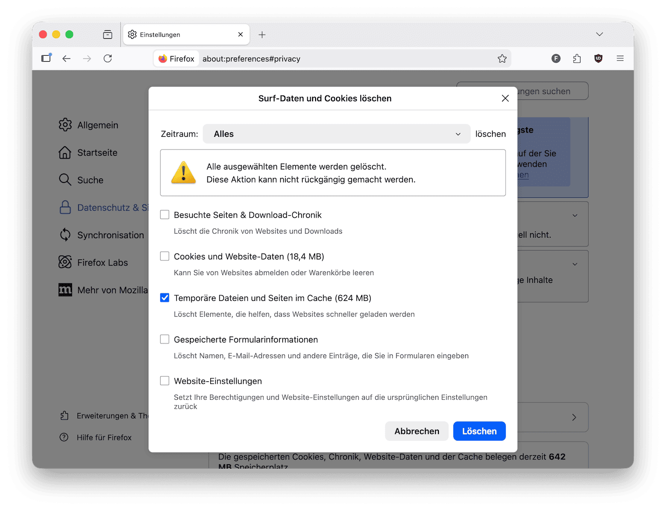 So l&ouml;schen Sie den Cache in Firefox