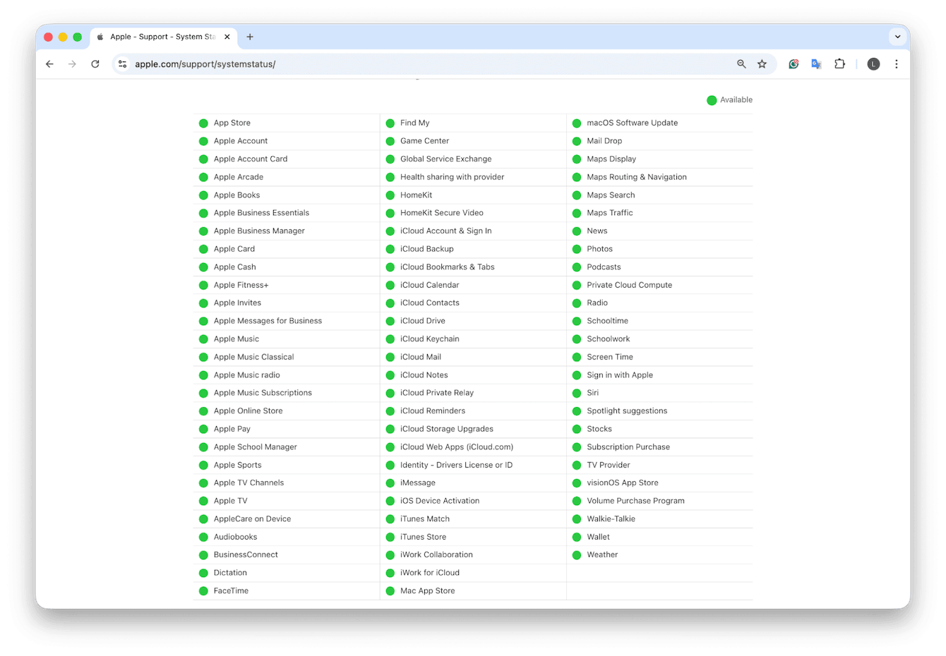 Apple's System status page