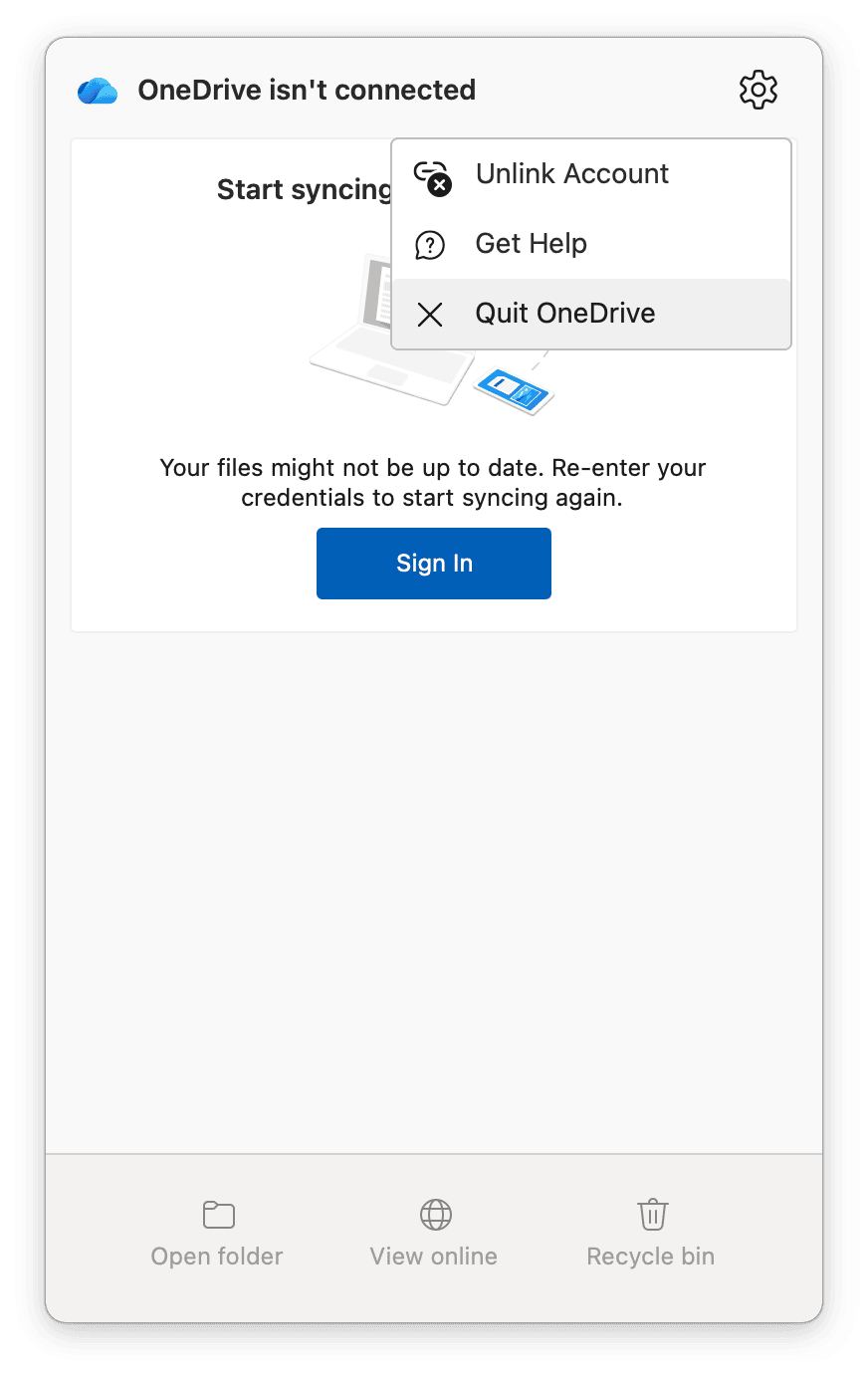 Quit OneDrive completely from your top menu bar