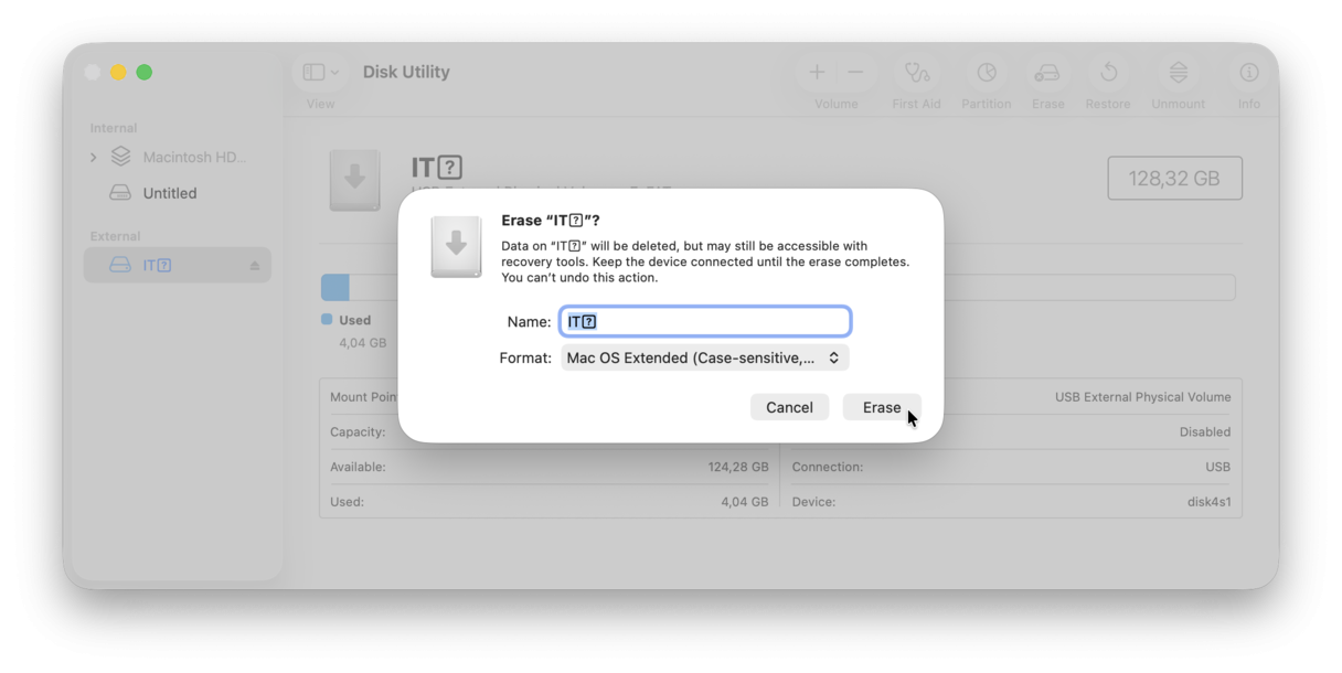 Erase external drive