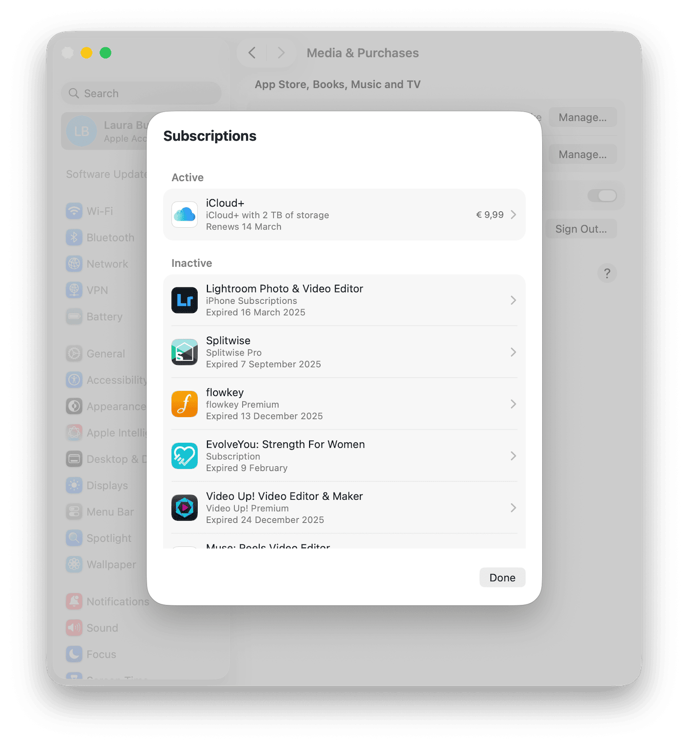 check subscriptions under System Settings > Apple Account > Media and Purchases > Subscriptions > Manage