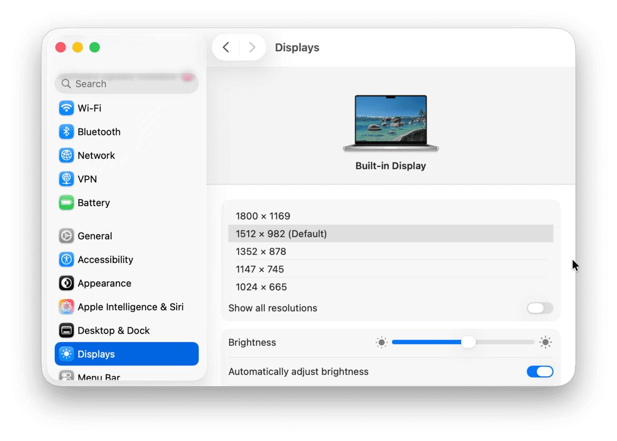 Resolution settings in Display menu