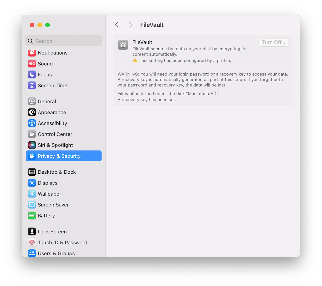 FileVault settings on Mac