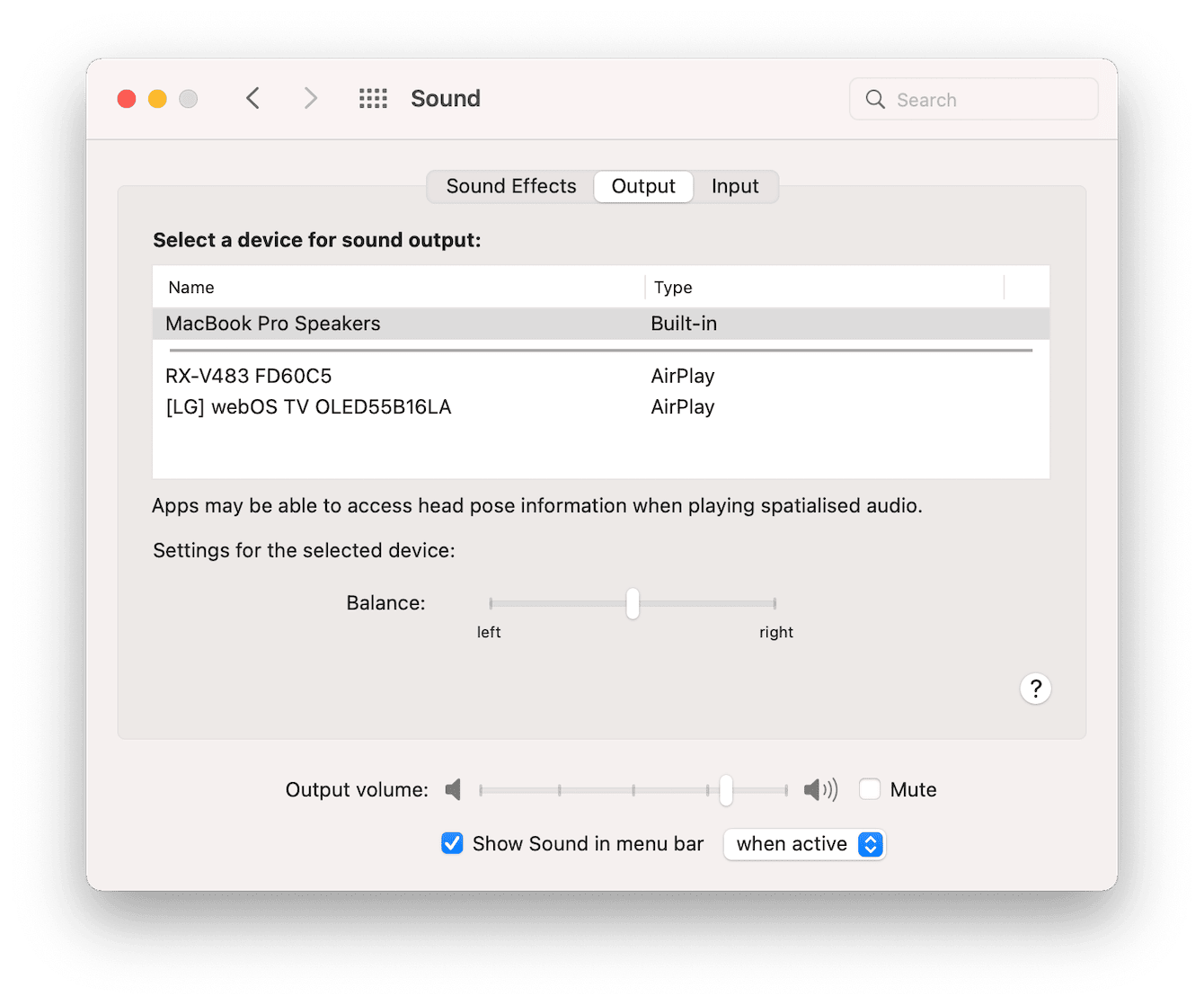 sound output menu