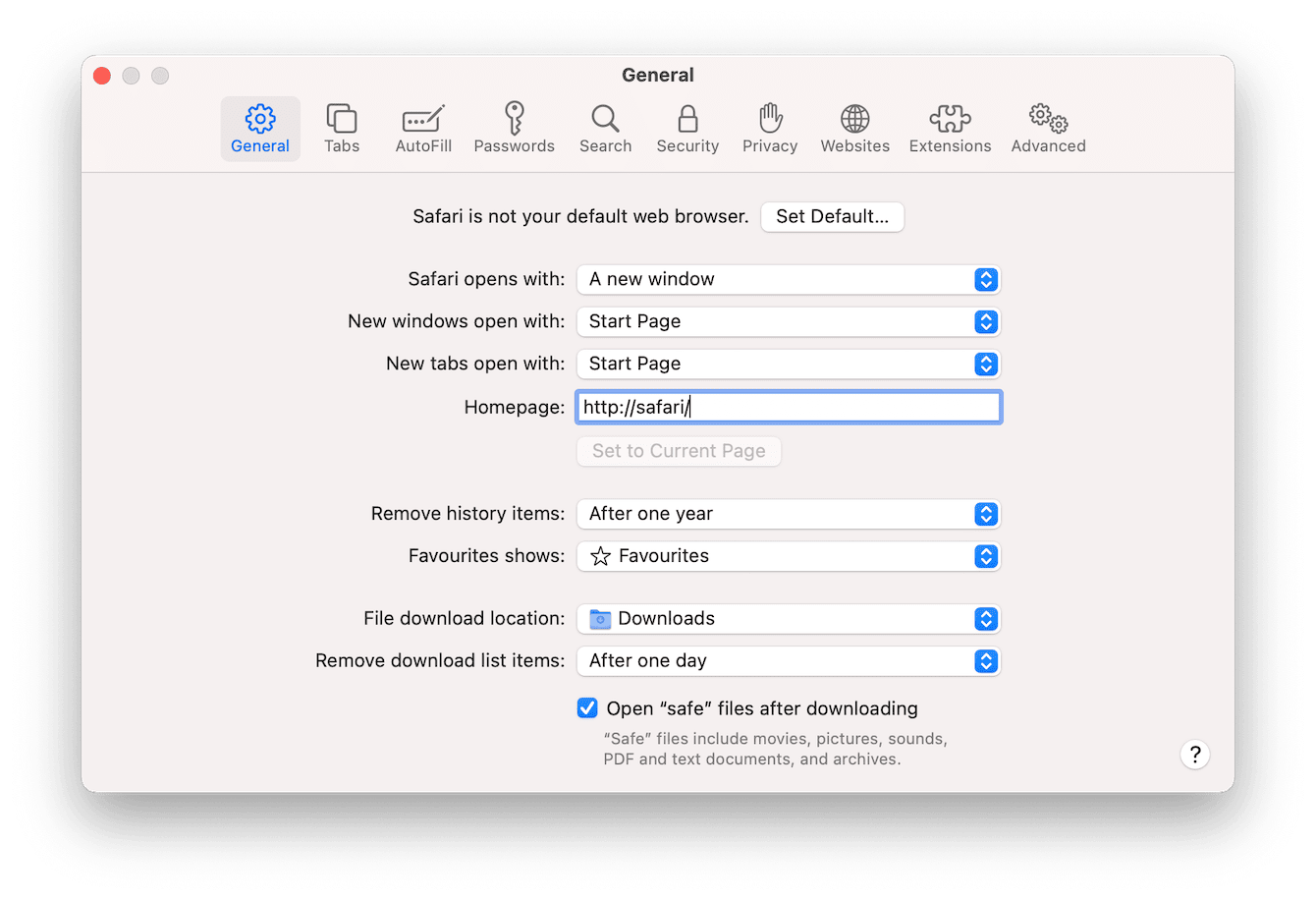 safari general settings menu