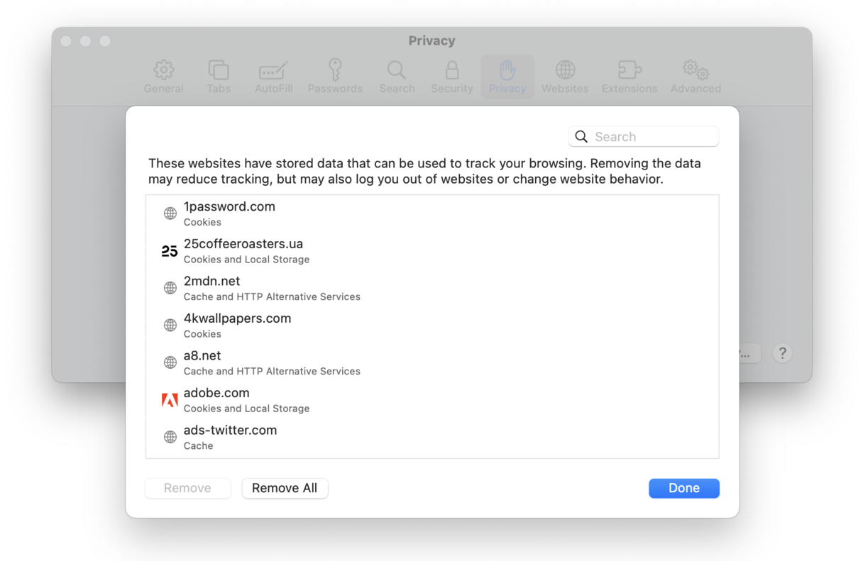 Remove cookies in Safari