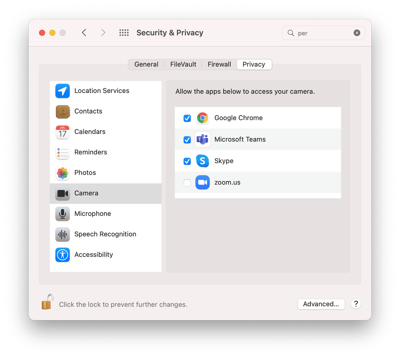 Security & Privacy settings