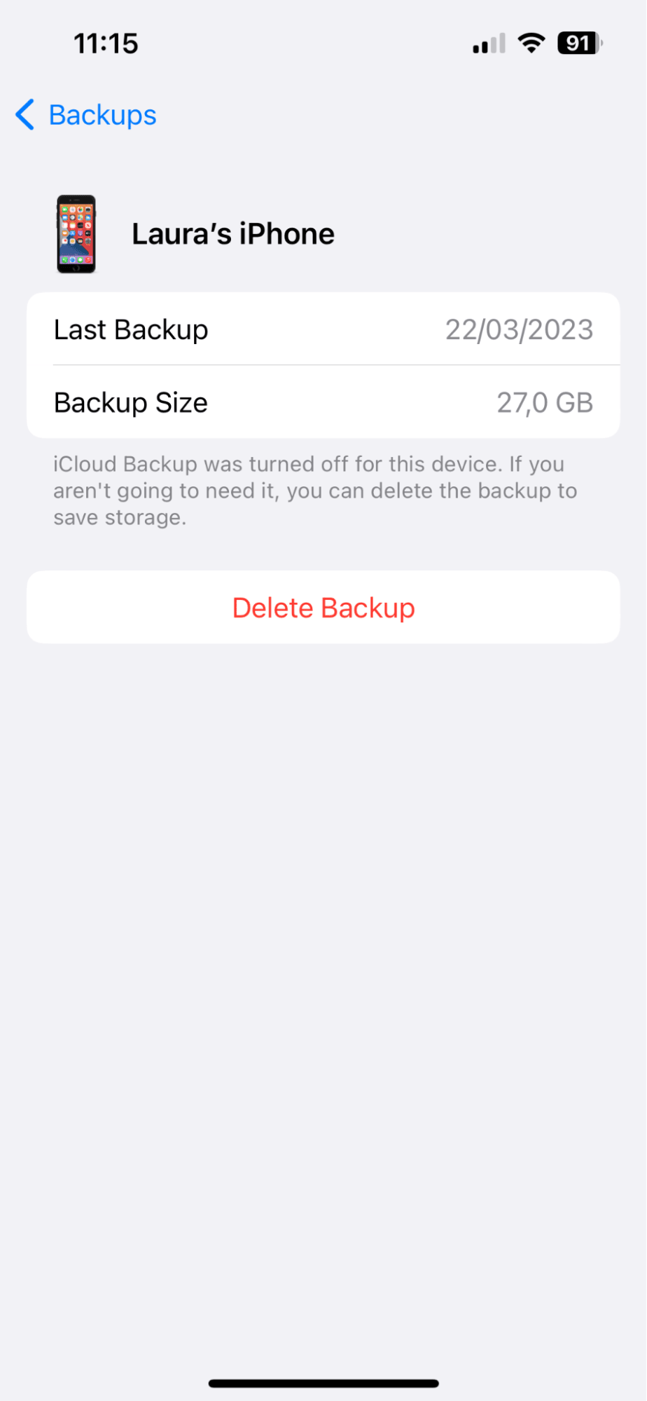 Removing backups on iPhone