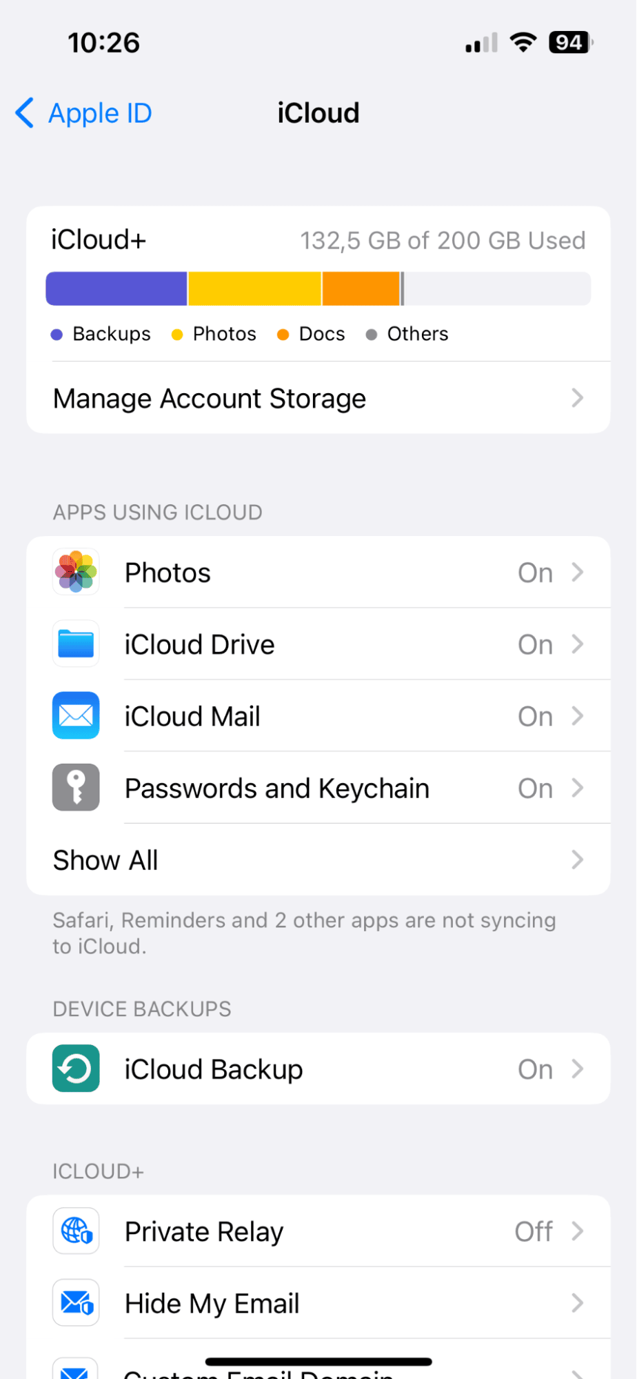 iCloud storage on an iPhone