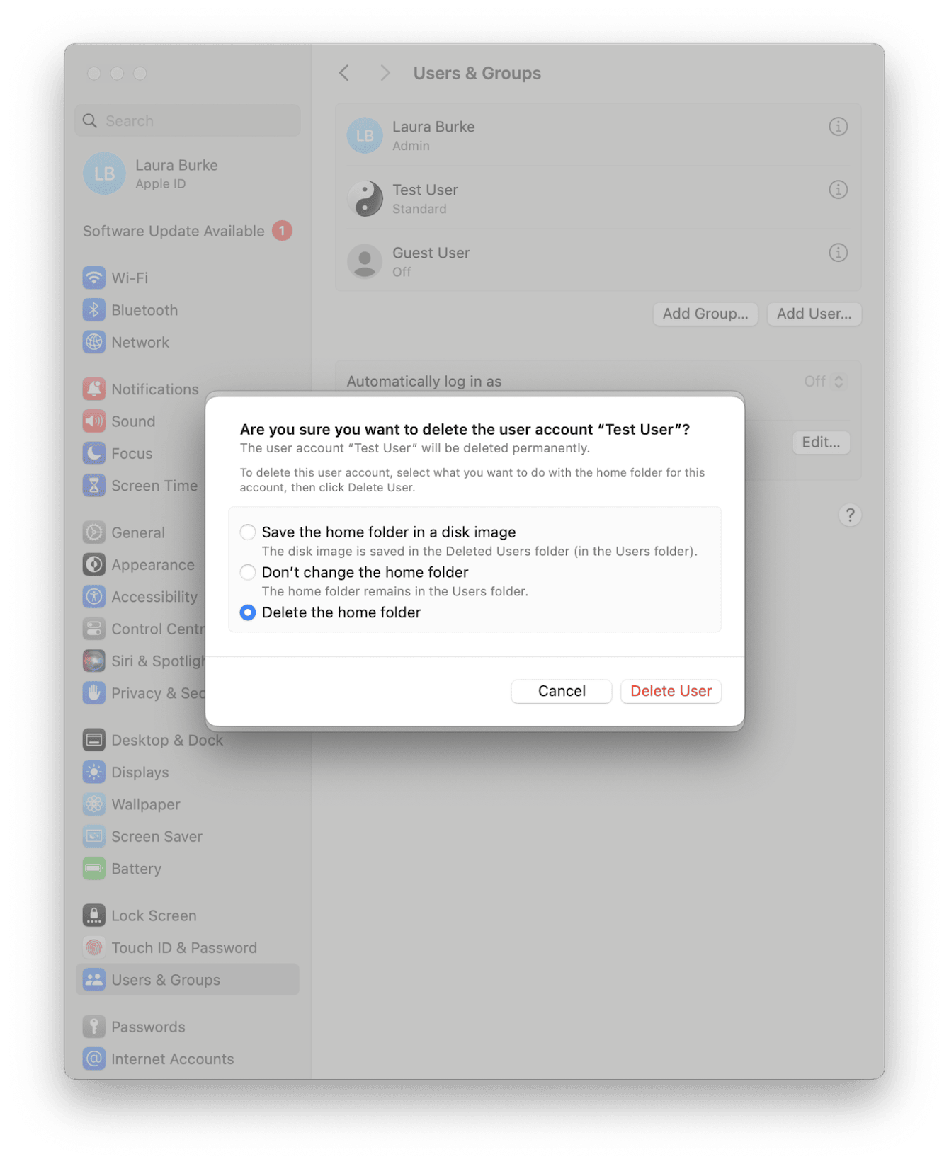 Users & Groups settings on Mac