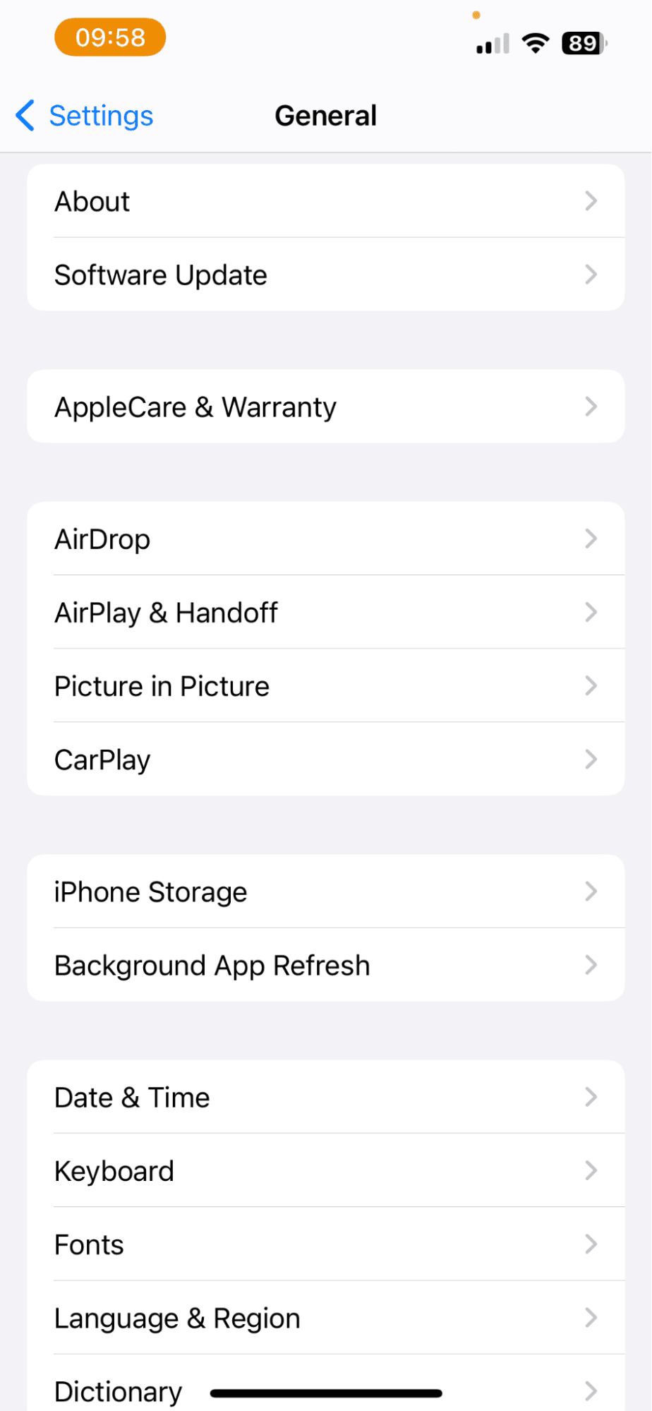 General settings on iPhone