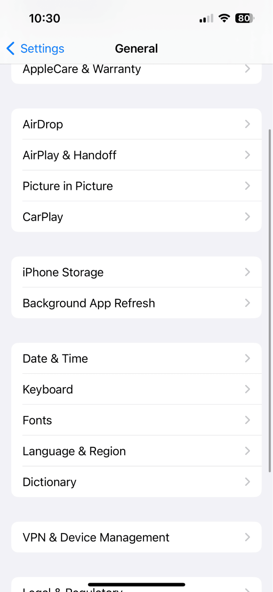 General settings on iPhone