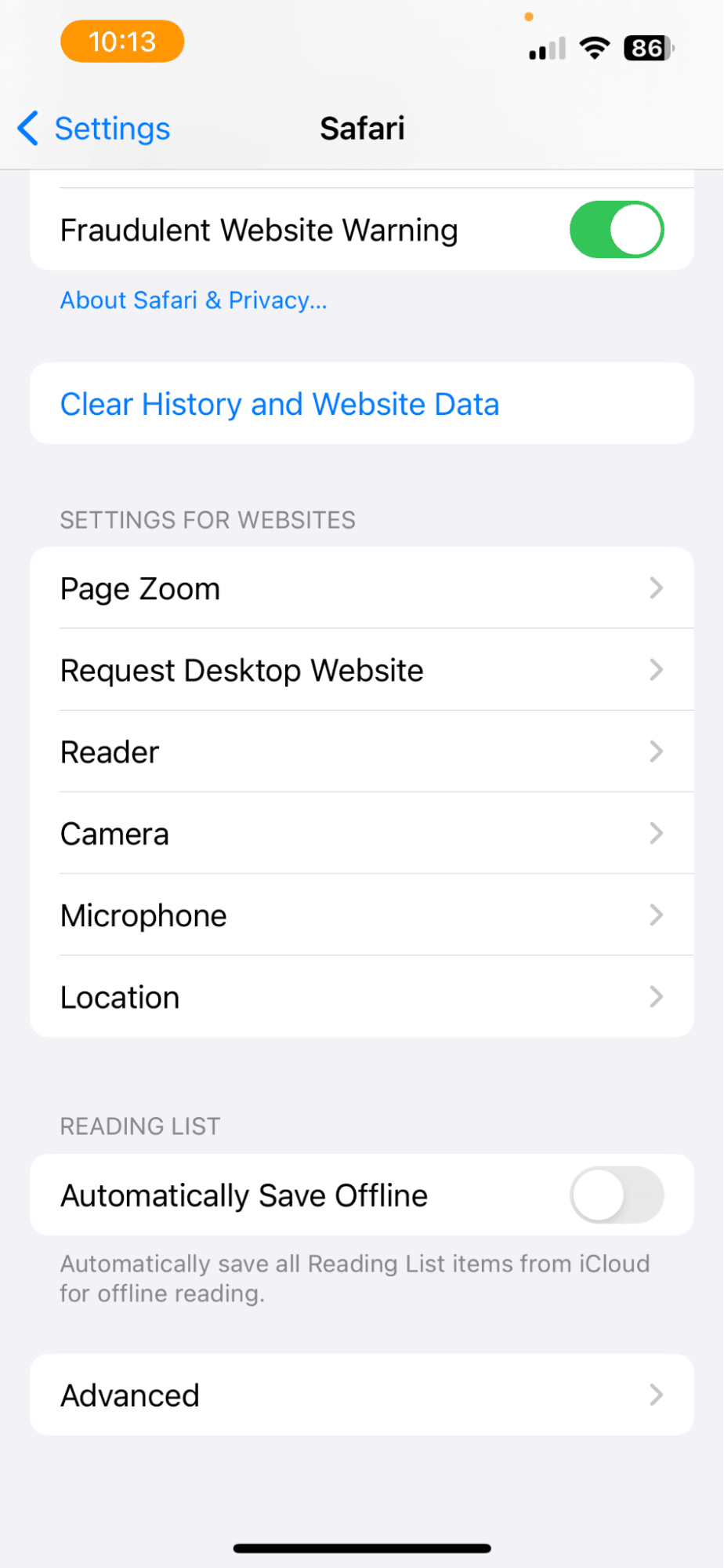 Safari settings on iPhone