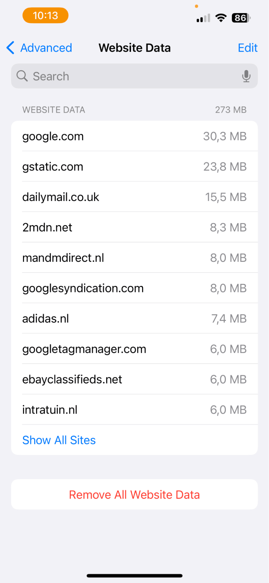 Website Data on iPhone