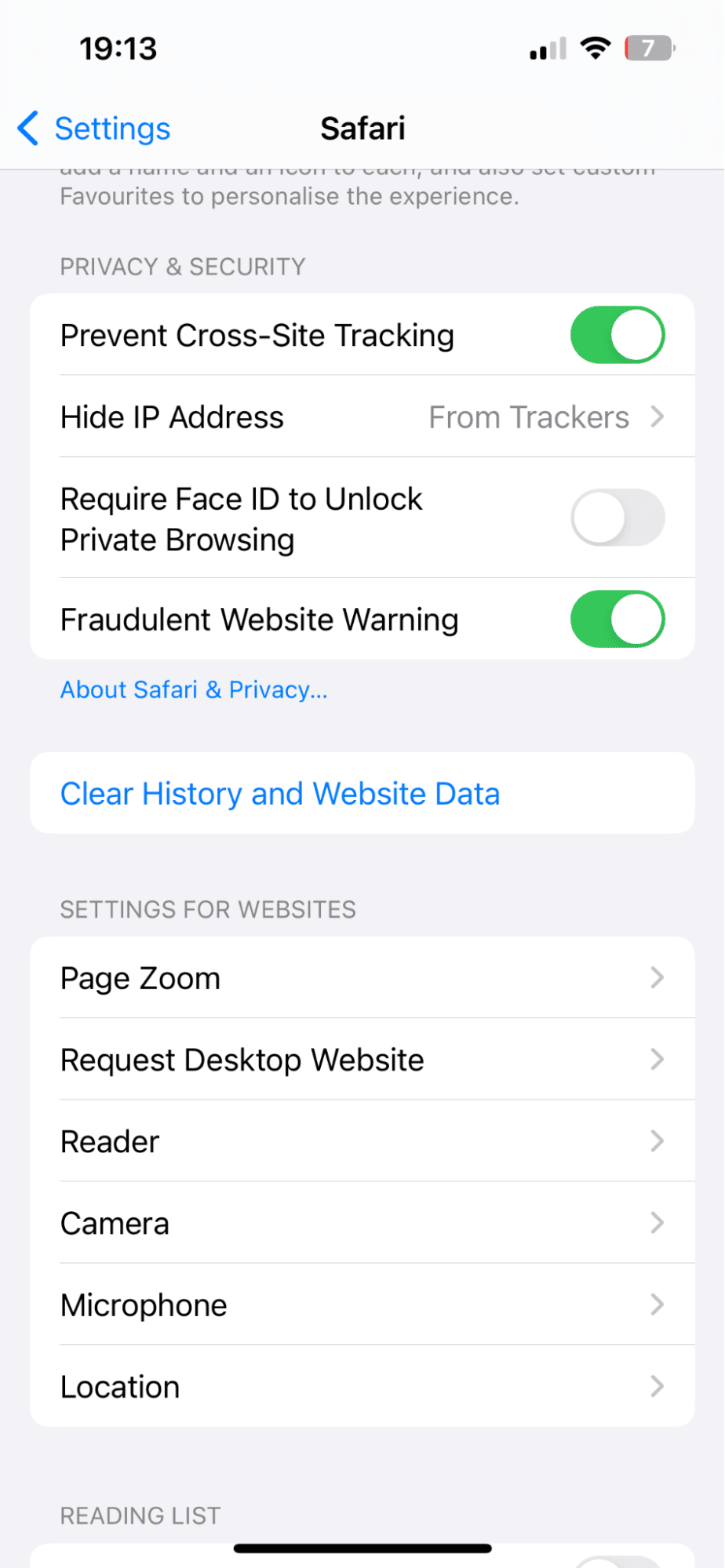 Safari settings on iPhone