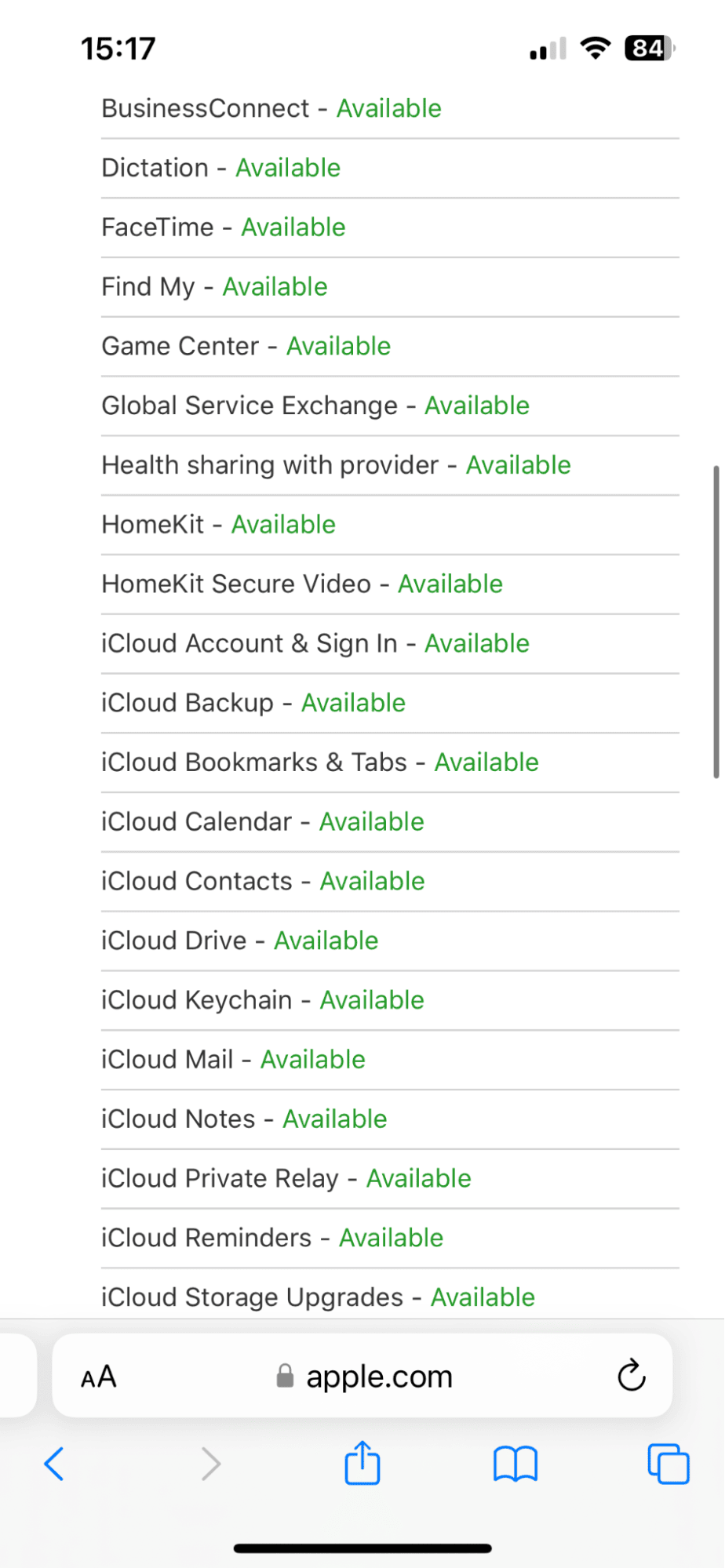 Apple System Status page on iPhone