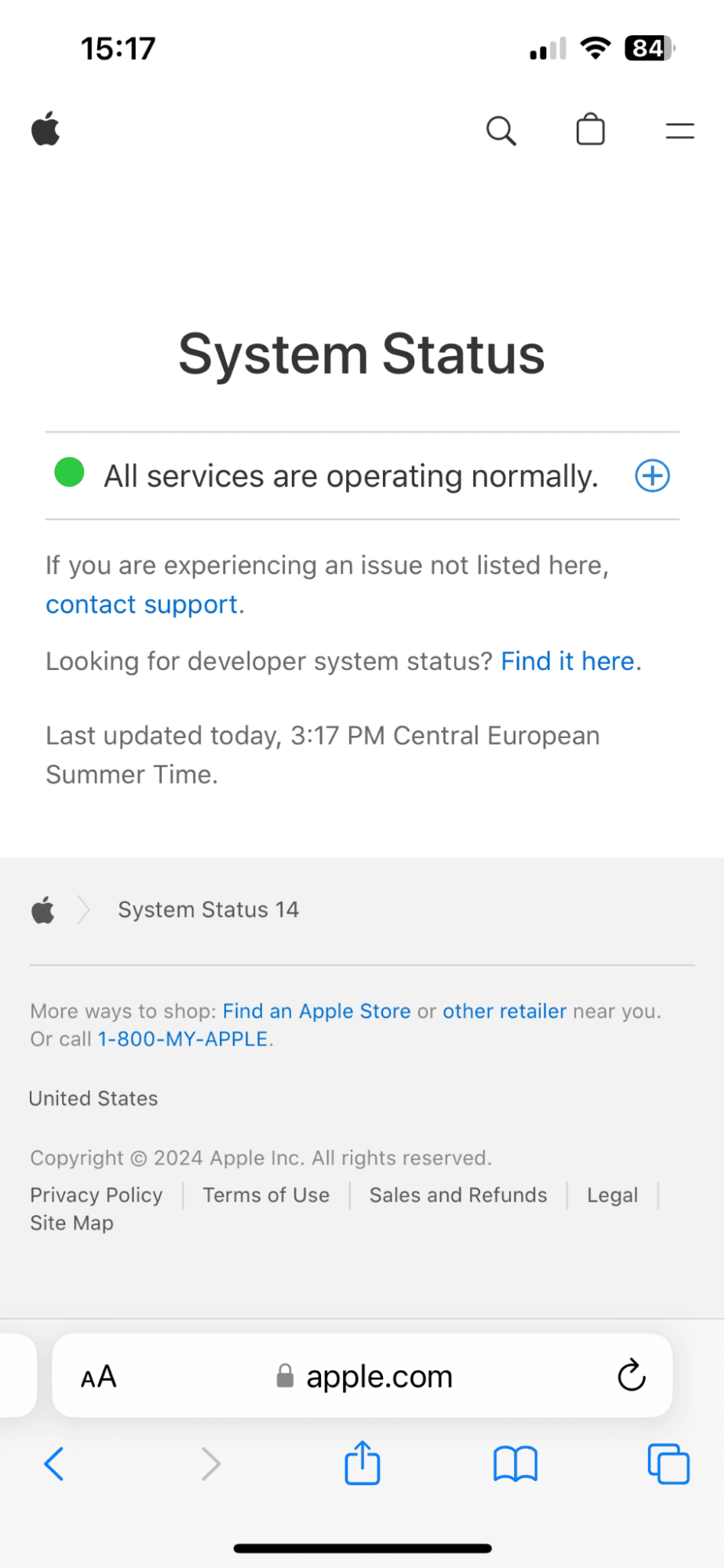 Apple System Status page