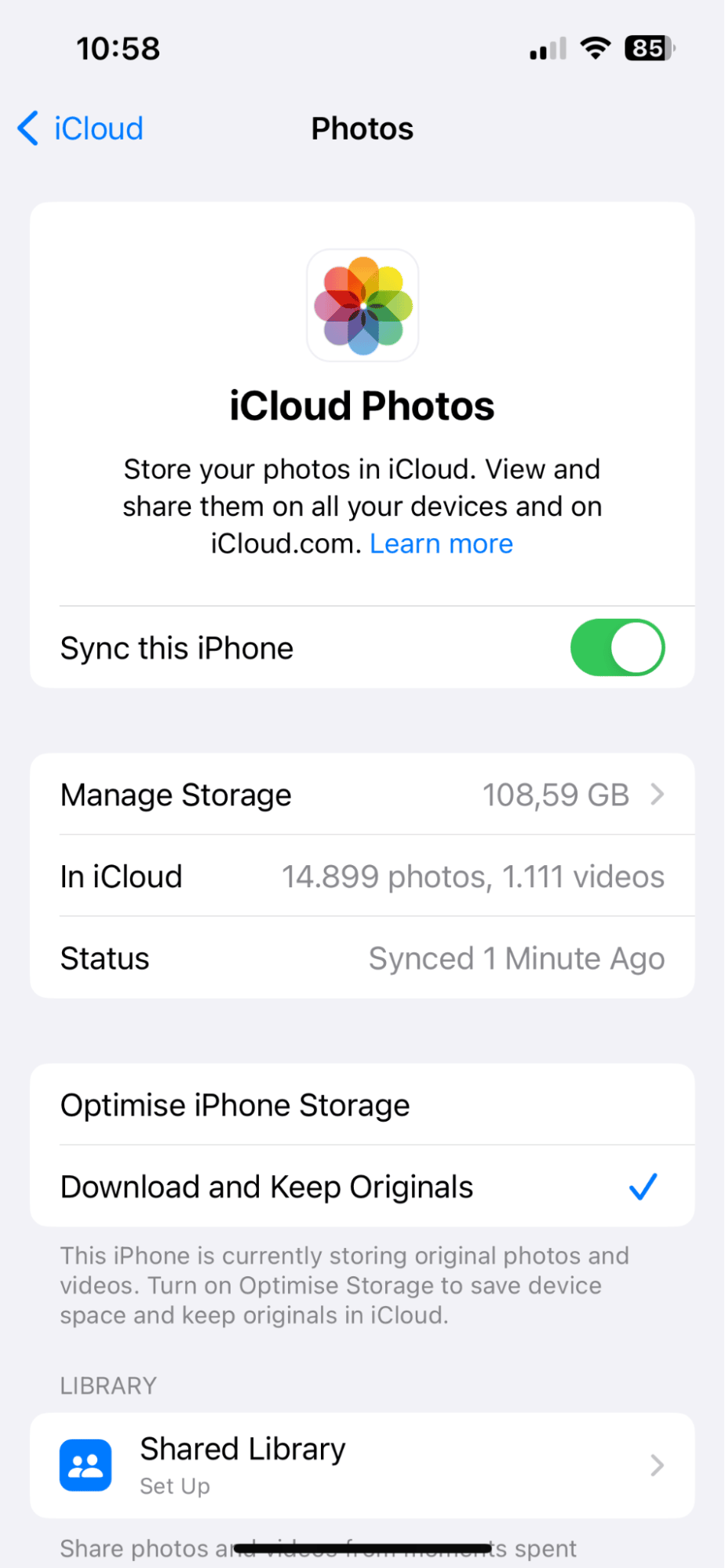 iCloud settings on iPhone