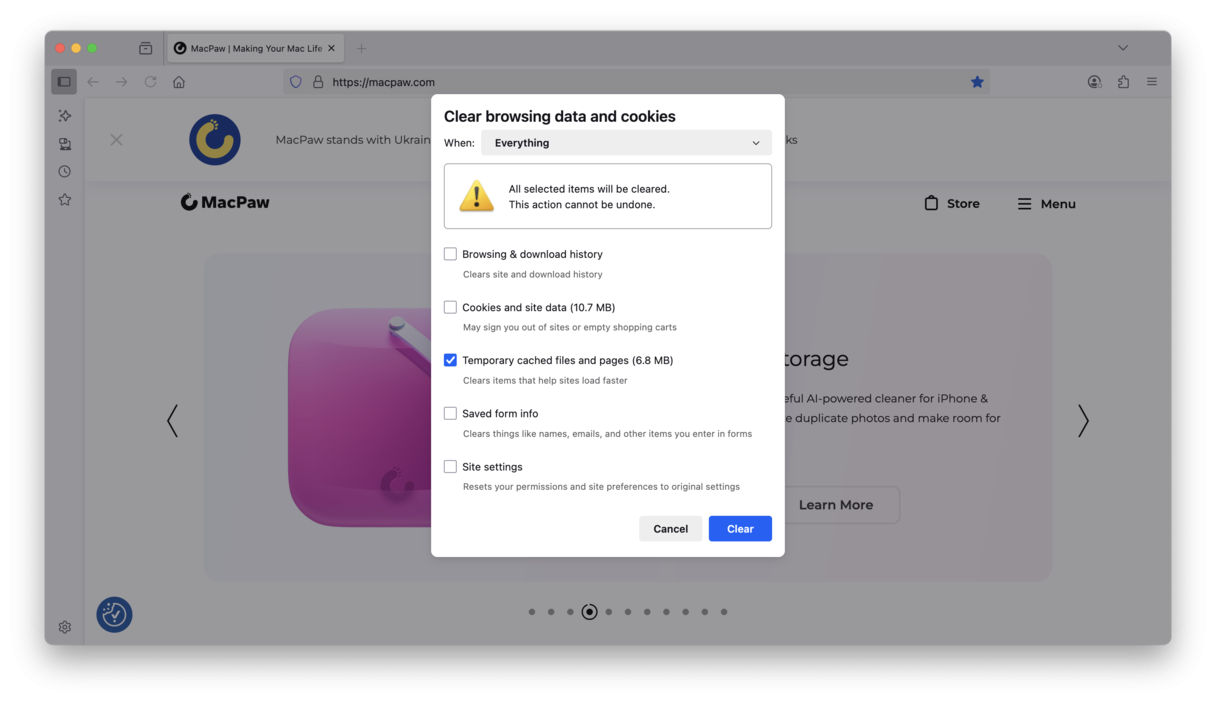 clear cache in Firefox on Mac