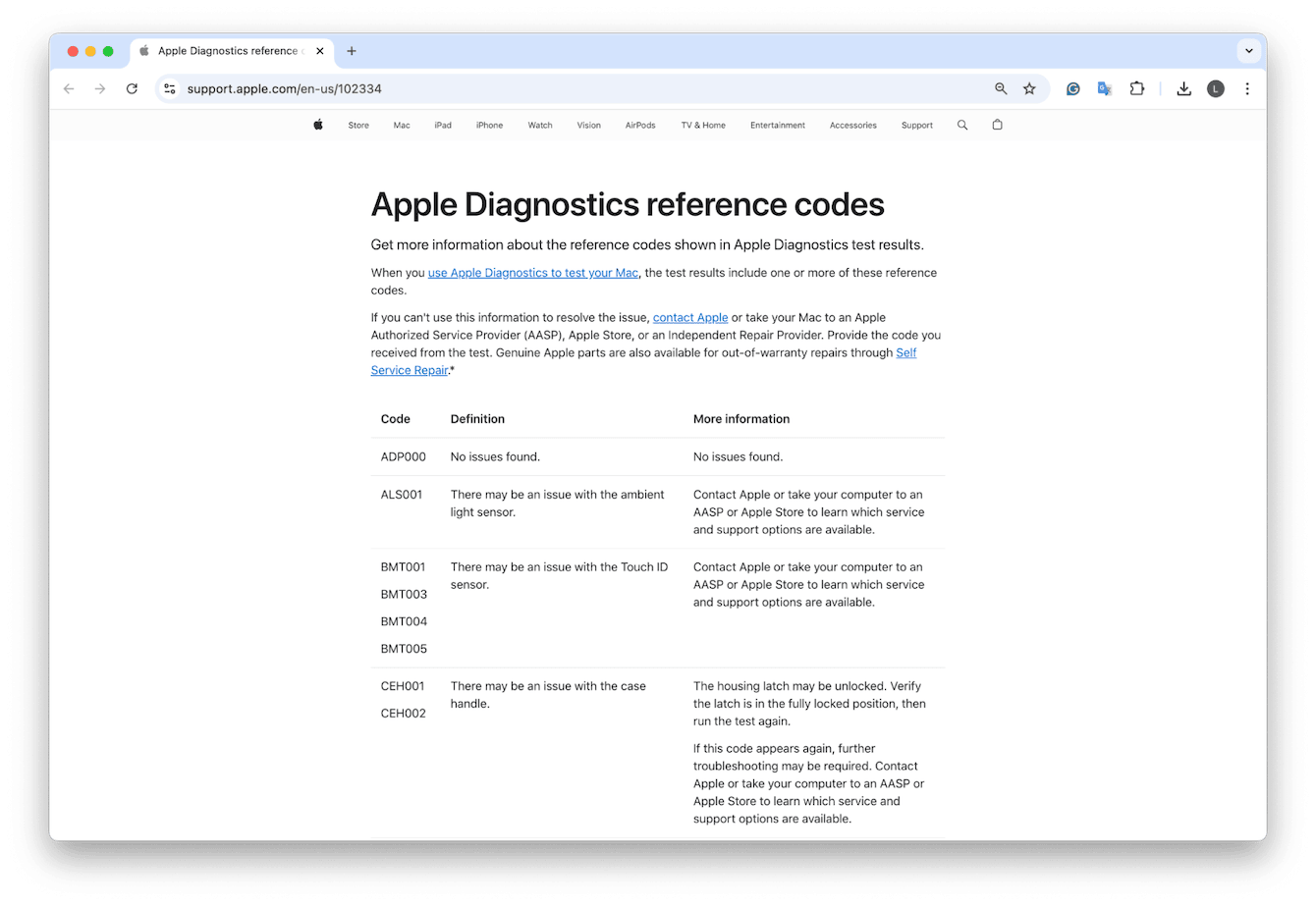Apple's support page