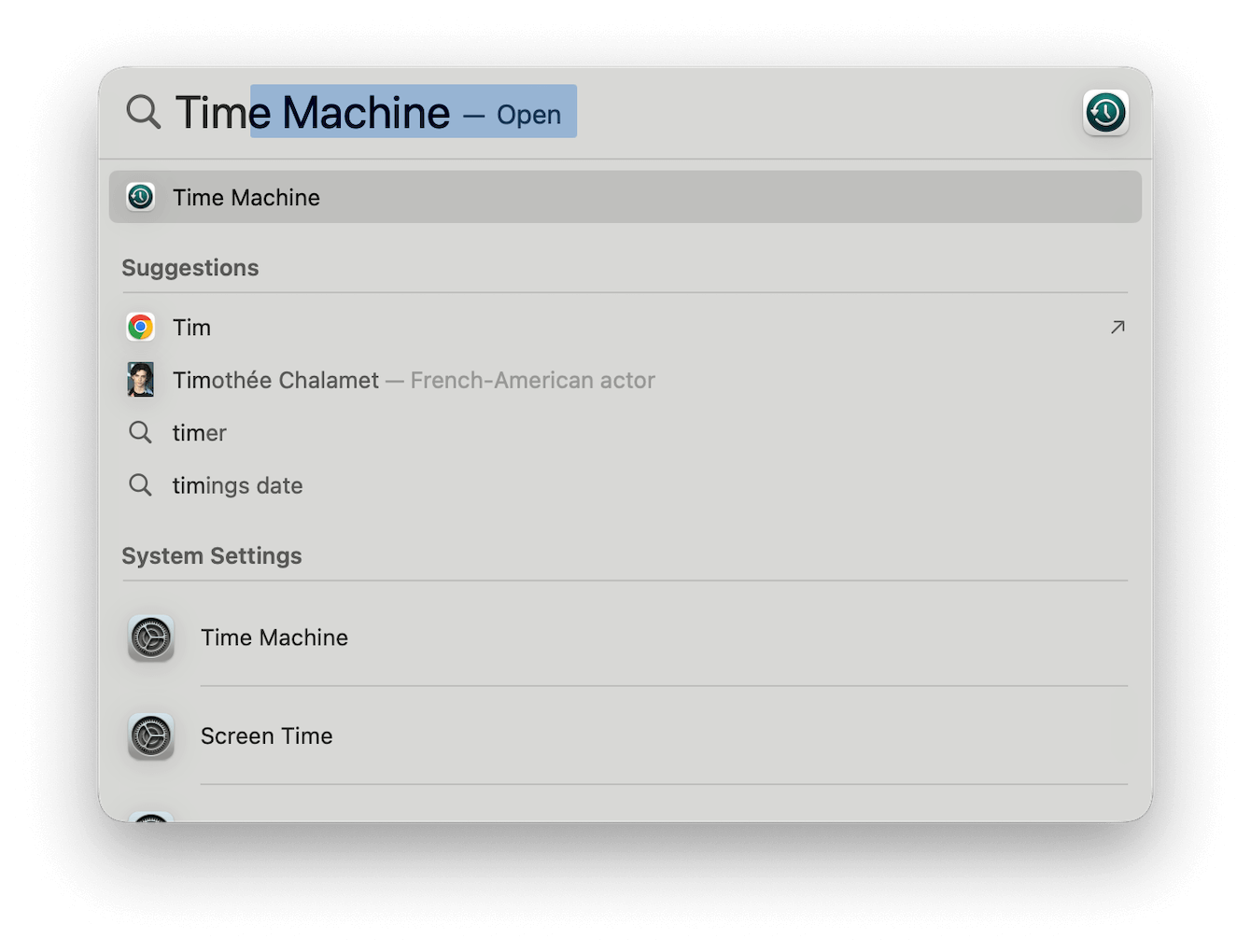 Open Time Machine from a Spotlight search