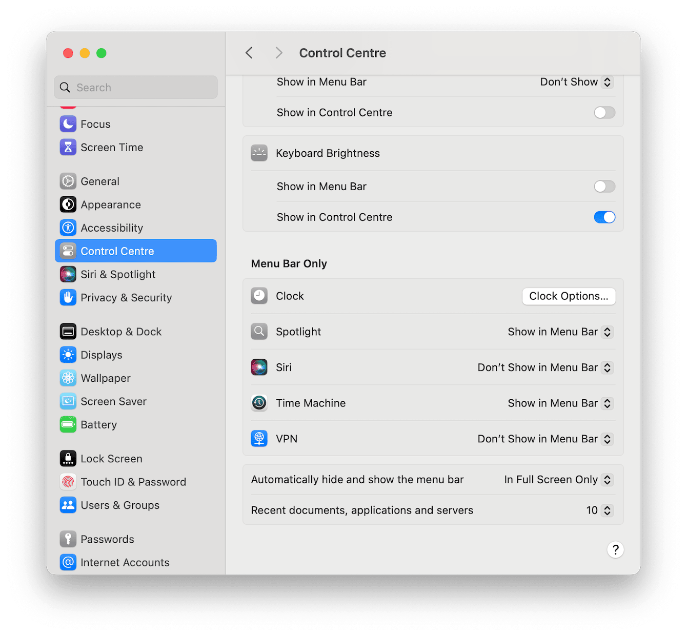System Settings – Control Center