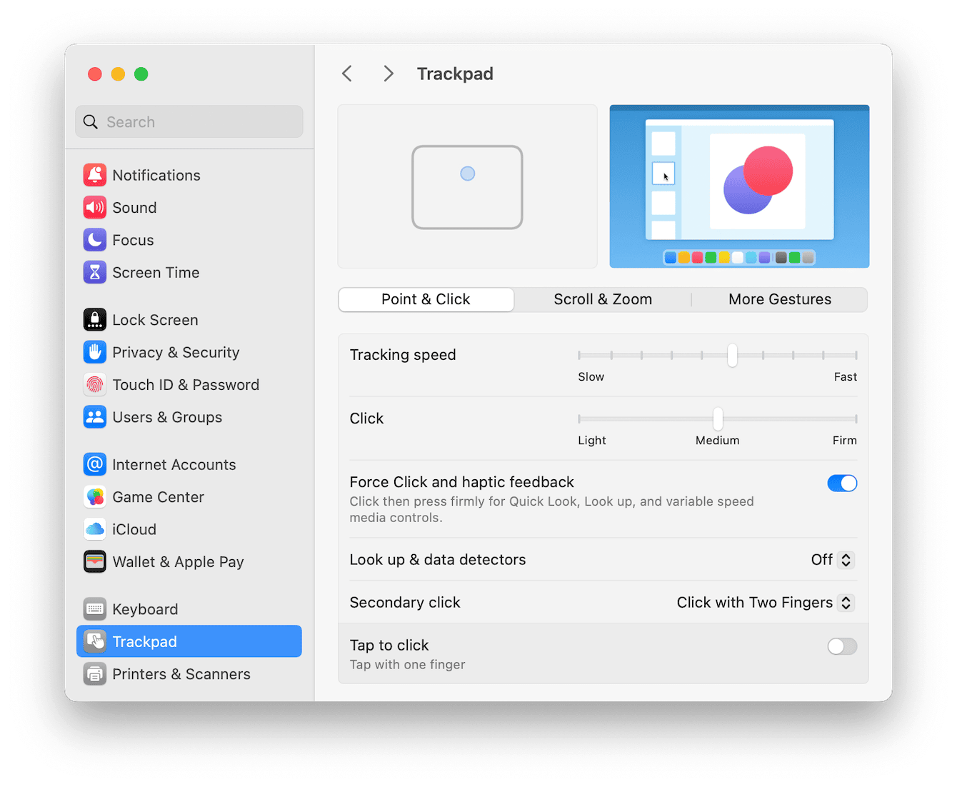 Trackpad settings on Mac