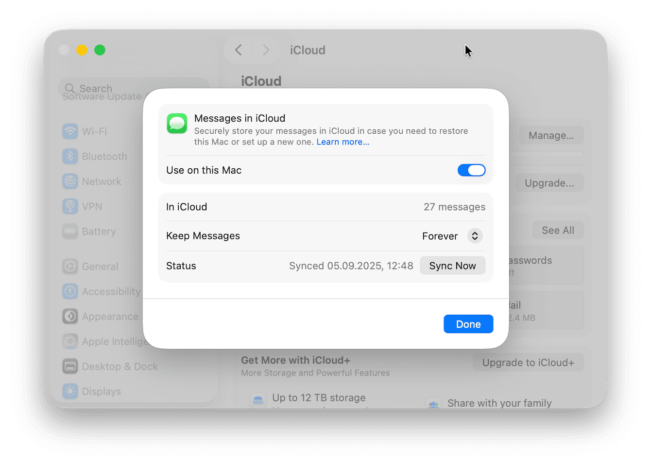 Toggle Messages in iCloud off and on